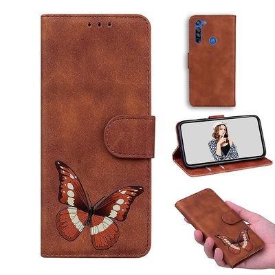 Etui til Motorola Moto G8 Butterfly Cover Premium Læder Magnetisk- Pink Brown