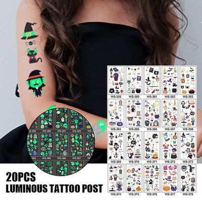 20 ark Midlertidige tatoveringer Klistermærker Lysende tatoveringsklistermærker Vandtæt Langvarig Halloween Makeup Sæt Tatouage Enfant