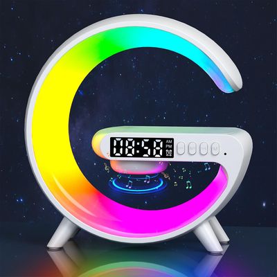 liten g lys bluetooth høyttaler klokke vekkerklokke trådløs lader nattlys liten g lys trådløs lading atmosfære lys våkne lys
