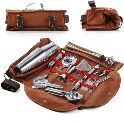 Reise Bartender Kit Bag | profesjonelt 15-delers komplett cocktail sett med stilig bærbar reise kit bag | Reise bar sett for hjem cocktail making