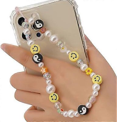 Smiley Face Helmillä koristeltu puhelimen viehätyshihna, muotipuhelin Kaulanauha rannehihna, kadonnut kristalli helmillä koristeltu kaulanauha