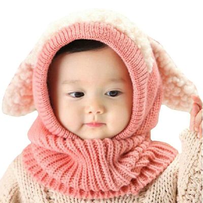 Liltop Baby Varm strikket sød lam hat får hals varmere hætte hue småbørn hovedbeklædning Pink