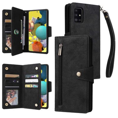 Foxdock Yhteensopiva Samsung Galaxy A51 5G -kotelon kanssa PU-nahkainen magneettinen käännettävä vetoketjukorttikotelo lompakon kansi Musta