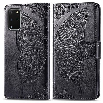Gangxun Kompatibel med Samsung Galaxy S20 Plus Case Flip Cover Emboss Butterfly Soft Tpu Stødsikker Shell Slim - Sort