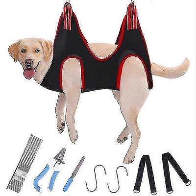 Lemmikkikoiran hoitoriippumattovaljaat tärkeillä työkaluilla: leikkurit, trimmeri, viila, kampa Punainen M