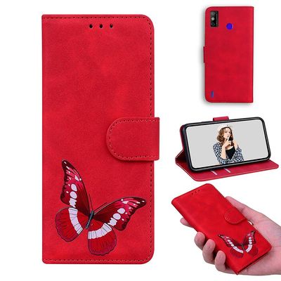 Etui til Tecno Spark Go 2020 Butterfly Cover Premium Læder Magnetisk- Pink Rød