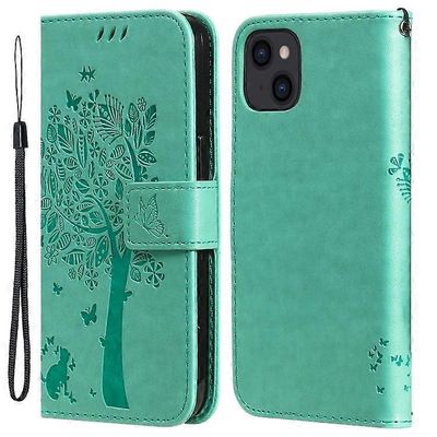 Yhteensopiva iPhone 15 KT Imprinting Flower Series-3 PU nahkainen puhelinkotelo painettu lompakko flip telineen kansi Vihreä