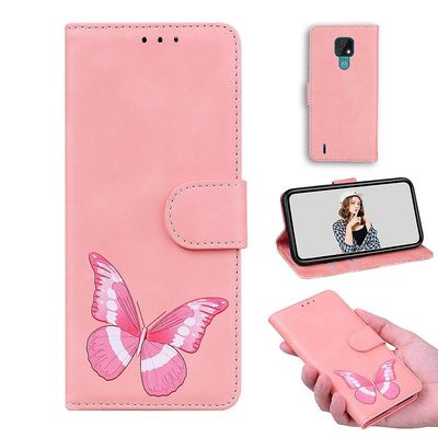Etui til Motorola Moto E7 Butterfly Cover Premium Læder Magnetisk- Pink