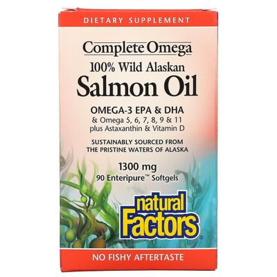 Natural Factors Luonnolliset tekijät, 100% villi Alaskan lohiöljy, 1300 mg, 90 Enteripure pehmeää geeliä
