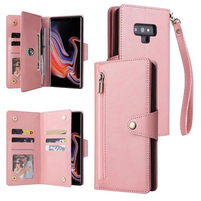 Foxdock Yhteensopiva Samsung Galaxy Note 9 Case PU -nahkaisen magneettisen käännettävän vetoketjullisen kortinhaltijan lompakon kannen kanssa Rosegold
