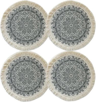 Ubiuo Pyöreät Boho-puuvillakudotut pöytämatot, 4 kukkapainettua makrame-tupsua, pöytämatot, pestävä lämmönkestävä paikkamatto ruokasaliin Keittiön ...