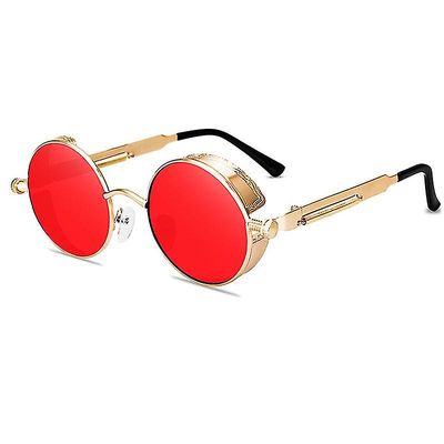 Steampunk solbriller Vintage Retro Mænd Kvinder Circle Cyberpunk Briller Guld ramme røde linser