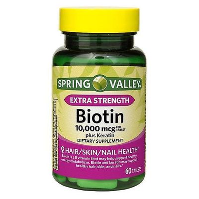 Spring Valley Extra Strength Biotin Plus keratiinitabletit, 10000 mcg, 60 count