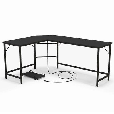 CWY L-muotoinen tietokonepöytä pistorasialla ja CPU-jalusta ja Tukeva metallirunkoinen kulmapöytä musta