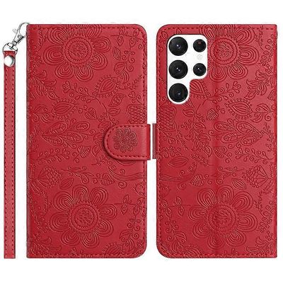 Yhteensopiva Samsung Galaxy S23 Ultra -kotelon kanssa Flower Imprint Nahkainen Flip Lompakko Puhelimen Kansi Rannehihnalla Punainen