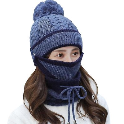 Besser Winter Lady 3pcs Strik Pom Hat Tørklæde Ansigtsmaske Sæt Marineblå