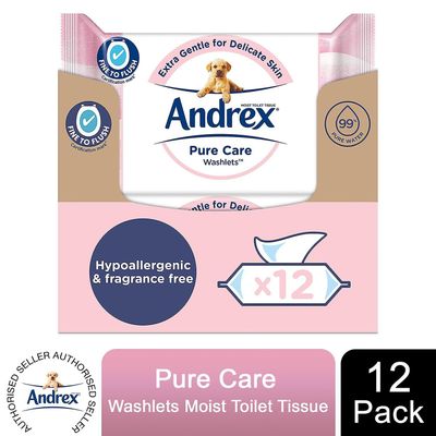 Andrex Washlets Pure Care biologiskt nedbrytbara och spolbara toalettservetter, 12-pack