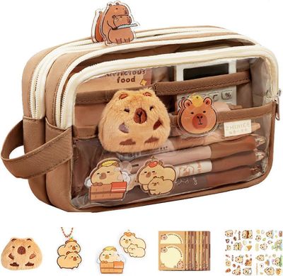 Söpö Capybara-penaali ja -laukku | Kirkas penaali lokeroilla | Pehmeä sarjakuvapaperipussi lapsille