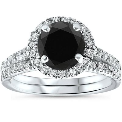 Pompeii3 2 1/2 ct behandlet Diamanten Halo Engagement vielsesring sæt 14K hvidguld 9.5