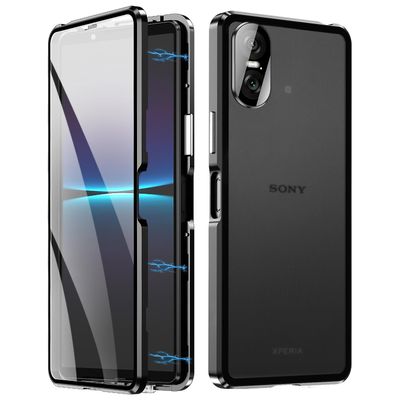 Sony Xperia 10 VI karkaistu lasikotelo metallikehys kirkas PC takaisin magneettinen puhelimen kansi - musta