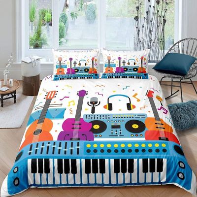 Guitar sengetøj sæt farverige tegneserie musikinstrument klaver mønster børn piger dyne cover musik tema indretning dyne cover 200x200cm