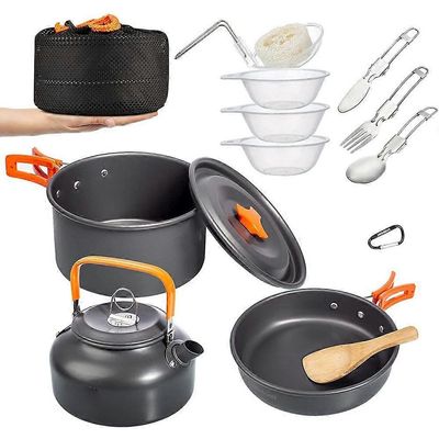 OVERMONT Camping Kochgeschirr Set Outdoor Geschirr Set Kochtopf Set Grillgeschirr Picknick Topf mit Kaffeekanne Teekanne Aluminium tyyli932
