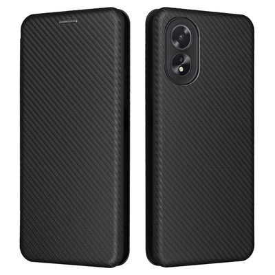 Oppo A38 4G kotelo nahkainen jalustakorttipaikka puhelimen kuori hiilikuitutekstuurilla Musta