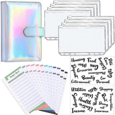 A6 Binder Budget Planner Notebook Dækker Mappe Størrelse 6 hul lommer Plast Lynlås Penge Saving Envelope Sølv Laser