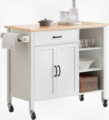 SoBuy Keittiökärry työtasolla ja pyörillä varustetulla säilytyskaapilla, siirrettävä keittiökärry hyllyillä pieniin tiloihin, FKW103-WN