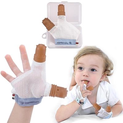 Fongwan Stop Thumb Sucking Finger Guard 1 par til børn - Åndbar baby finger sutning Stop fingerhandsker baby tænder tyggelegetøj kit blå M