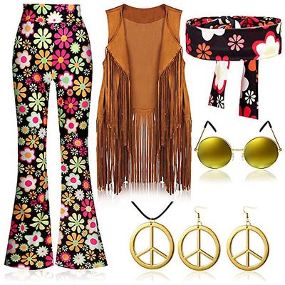 Get It 70'erne Hippie fest retro kostume kvast vest + bukser + tørklæde dragt sort XXL