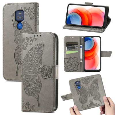 Gangxun Kompatibel med Motorola Moto G Play 2021 Case Flip Cover Emboss Butterfly Soft Tpu Stødsikker Shell Slim - Grå