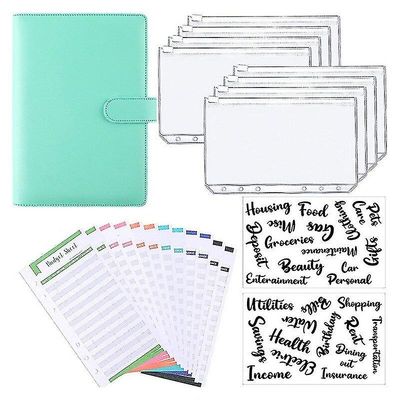 A6 Binder Budget Planner Notebook Dækker Mappe Størrelse 6 hul lommer Plast Lynlås Penge Saving Envelope Grøn