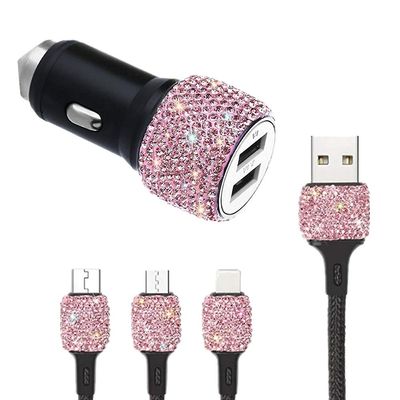 2024,USB billader 5V / 2.4A rosa krystalldekorert dual port hurtigadapter med 3.9ft nylon type-c / micro USB-ladekabel for Android, kvinners bil