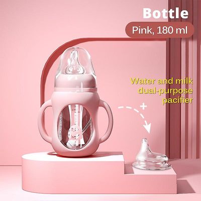 Sofirn Dual-purpose Pp Glass Baby Bottle + Duckbill, For Børn, Natural Wide Mouth silikone flaske håndtag Pink 180ML