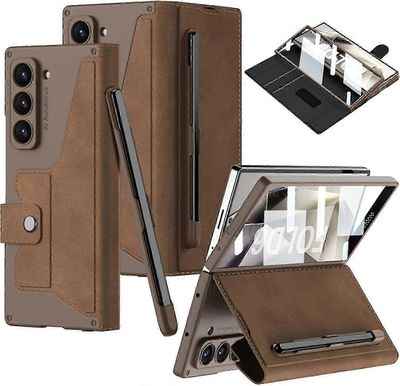 Kotelo Samsung Galaxy Z Fold 6: lle, jossa S Pen -paikka ja jalusta, korttipaikka, magneettinen solkisaranakansi, näytönsuoja Ruskea For Galaxy Z F...