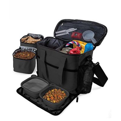 Dog Travel Bag Tilbehør Rekvisita Organizer 5-delt sett med skulderrem | 2 foret kjæledyrmatbeholdere, 2 sammenleggbare fôrskåler. Hverdagen Do