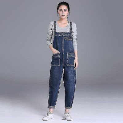Kvinder Efterår Bib Bukser Overalls Skulder strap buksedragt Blå XL