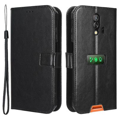 For Blackview Bv7200 Crazy Horse Texture lommebok stativveske Pu skinn flip telefondeksel med stropp Svart