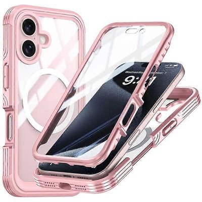 Yhteensopiva iPhone 16 magneettikotelon kanssa karkaistulla lasikalvolla PC + TPU täysin kestävä puhelinkuori Vaaleanpunainen