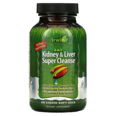 Irwin Naturals, 2 in 1 munuaisten ja maksan superpuhdistus, 60 nestemäistä pehmeää geeliä