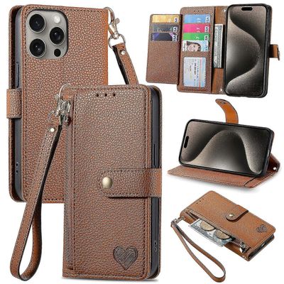 IPhone 15 Pro -lompakkokotelolle RFID-estoketjullinen taskupuhelimen nahkakansi Ruskea