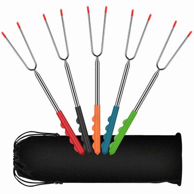 Linkrunning Stykke grillspyd kan forlænges 32cm-115cm, grillspyd lejrbål rustfrit stål, grillgaffel grillsæt med gummihåndtag og bærepose Som vist ...