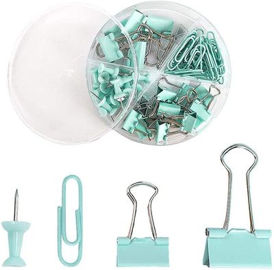Linkrunning 72 dele kontorartikler sæt, herunder 22 ringbind clips / 30 papirclips / 20 trykstifter tommelfinger tacks, skole skrivebord tilbehør a...