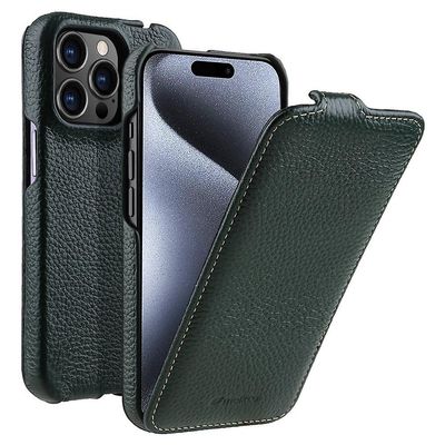MELKCO iPhone 15 Pro -kotelolle litsirakenne pystysuora käännettävä aito lehmännahka+PC-kansi Tummanvihreä