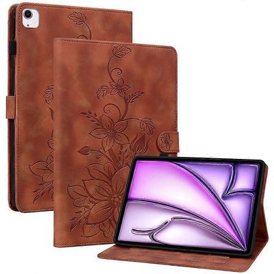 Yhteensopiva iPad Air 13 (2024) -kotelon kanssa PU nahkainen korttipidike jalusta tabletin kansi Lily Flower Design Ruskea