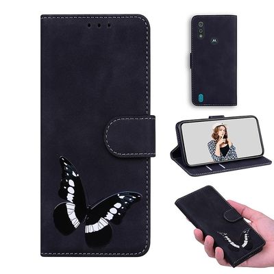 Etui til Motorola Moto E6s 2020 Butterfly Cover Premium Læder Magnetisk- Pink Sort
