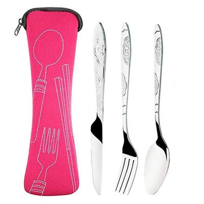 3pcs / sæt rustfrit stål Bærbare Travel Camping Bestik Service Sæt med Rose Red Bag