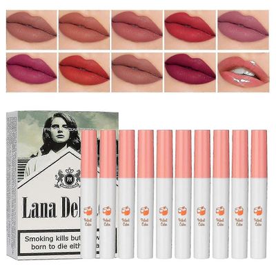 10 väriä Lip Tint Stain Set, Lana Matte huulipuna Savukkeet, Tube Cigarette huulipuna, Lip Stain pitkäkestoinen 24 tuntia vedenpitävä