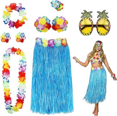Morakot 8 Pack Hula Skirt Costume Kit For Hawaii Luau Party Blå